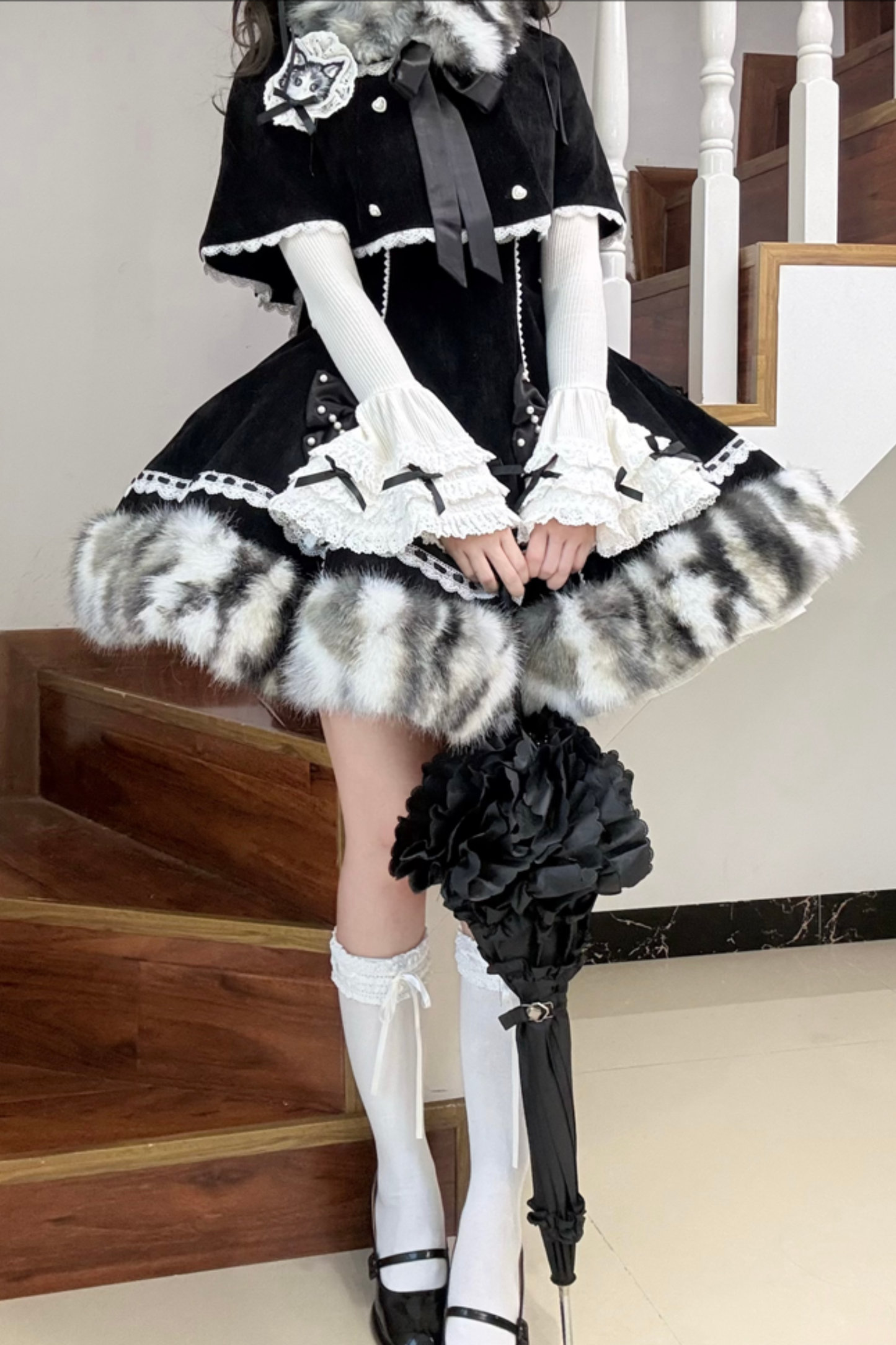 Cat Fleece Lolita Cape + Snow Lolita Dress + Flared Sleeve Top