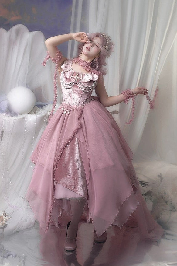 [Reservierungsschluss 1. Juni] Dunkelblau/Pink/Dunkelpetrol Atlantis Dark-Fantasy-Lolita Sternen-Korsett asymmetrisches Bustier-JKS-Kleid