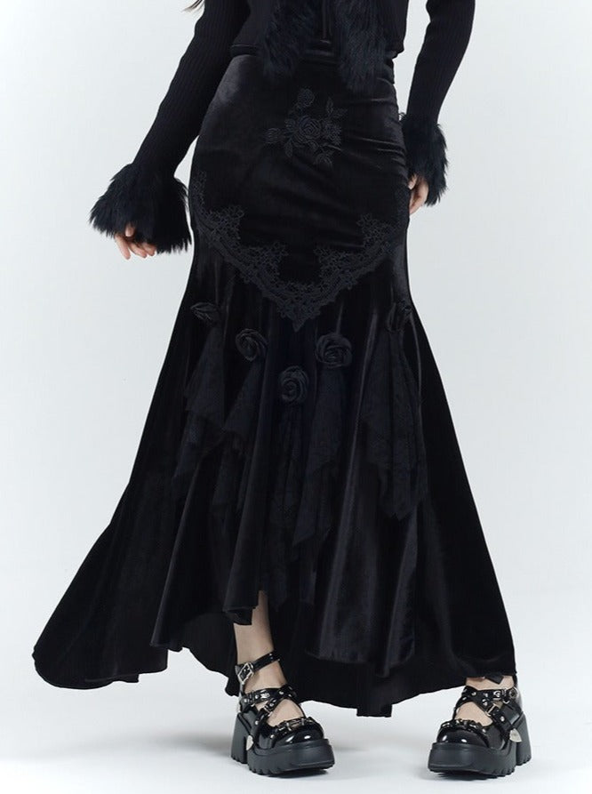 Ghost Girl Black Velvet Fishtail Skirt