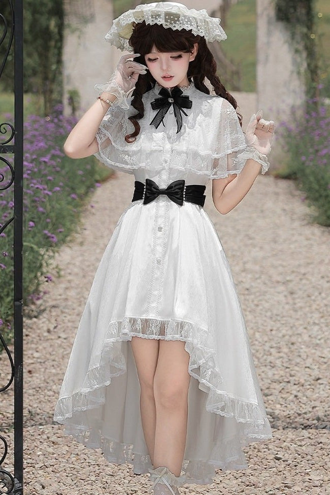 【10月8日予約締切】White Classic Lolita Black Bow High-Low Dress(Sheer lace hem version / Plain satin frill hem version)