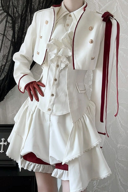 【9月13日予約締切】White Burgundy Military Ruffle Lolita Jacket (with epaulet bow) + Shirt + Short Skirt Set / Shorts Set + Complete set 1/2 (Officer cap + Leg covers + Sash)
