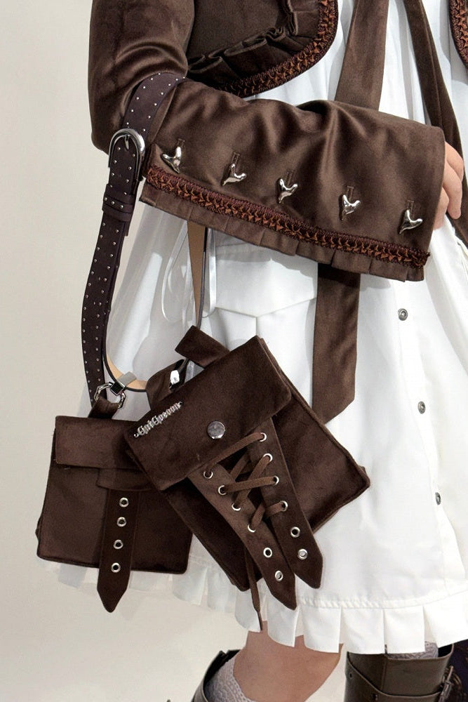[Date limite de précommande : 11/6] Accessoires de la série steampunk marron x mode gothique noire (mini-chapeau à ruban cœur en velours + cravate à ruban motif cœur + sac de taille avec ceinture)