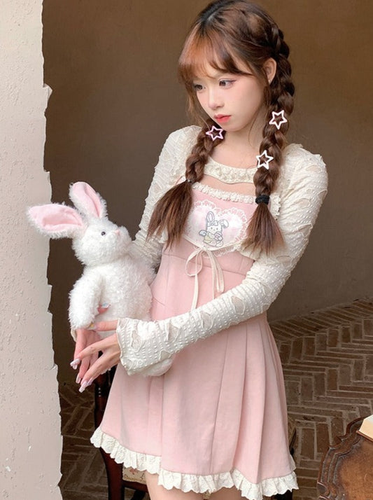 草莓波波兔连衣裙+蕾丝开衫