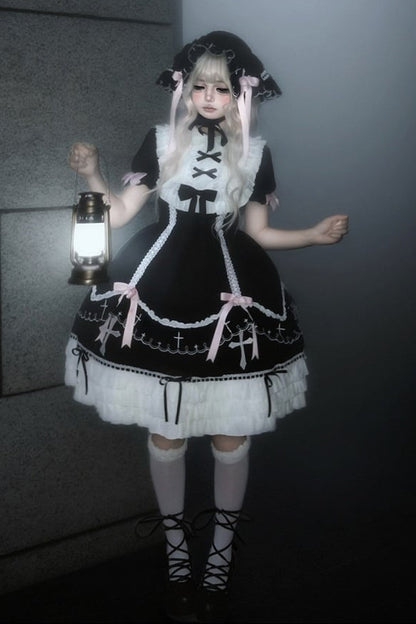 【10月4日予約締切】Black Pink Gothic-Inspired Sweet Lolita Ribbon Ruffle Dress＋Cross Embroidery Ribbon Cape