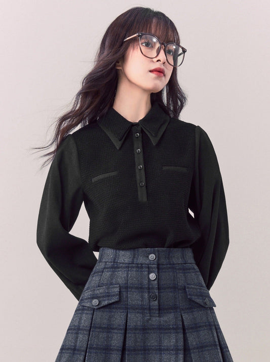 Minimalist Pleated Textured Retro College Shirt