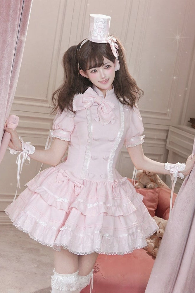 【10月23日予約締切】Pink Sweet Lolita Puff Sleeve Bow Frill Dress＋Full Set (with Hat and Wrist Cuffs)