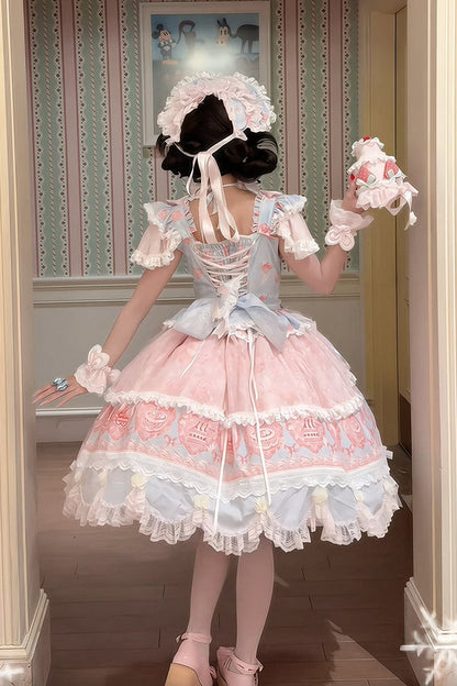 [Reservierungsschluss 26. Juni] Erdbeer-Sweet-Lolita-JKS-Kleid mit Spitze, Flatterärmeln, hochgezogenem Design und Tülllagen