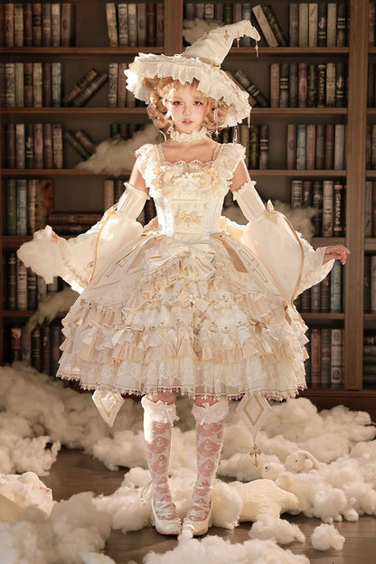 [Cierre de reserva el 14 de septiembre] Conjunto completo Elegant White Gold Witch: vestido JSK cruz + cola con lazo grande + capa con capucha + mangas desmontables + sombrero de bruja + mangas exteriores