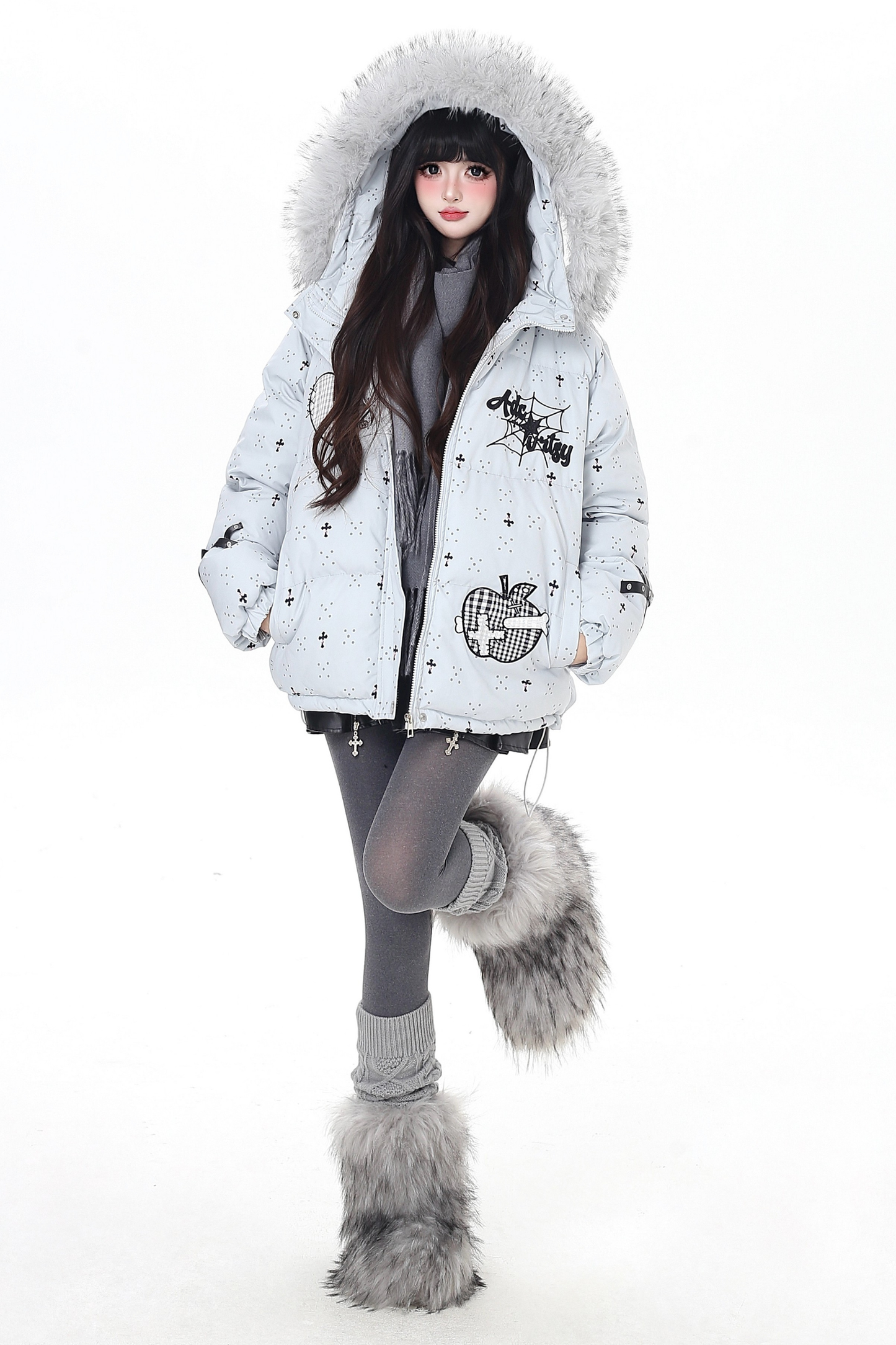 Dark rabbit design fur hooded jacket
