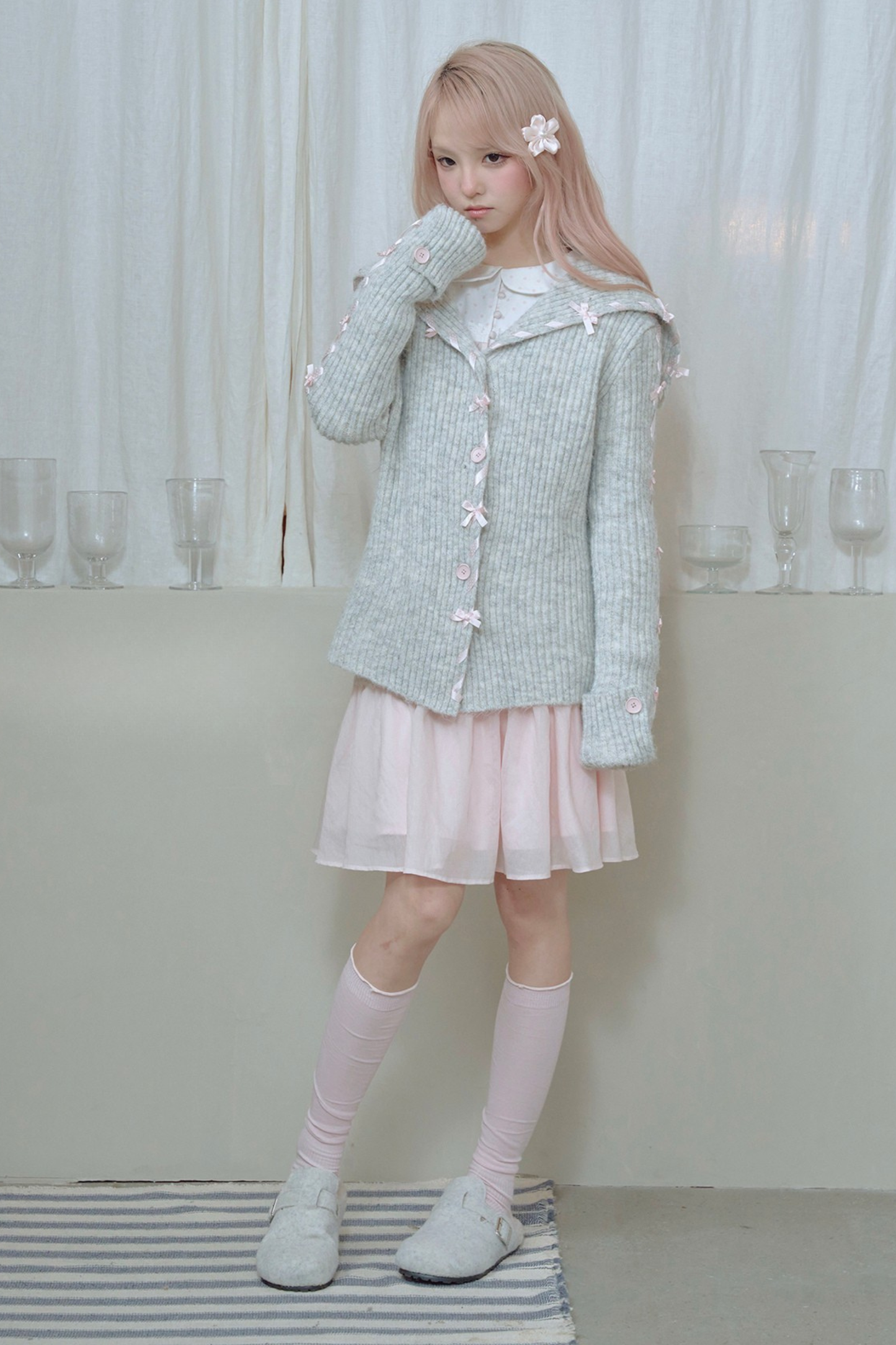 レースアップラインリボンニットカーディガン