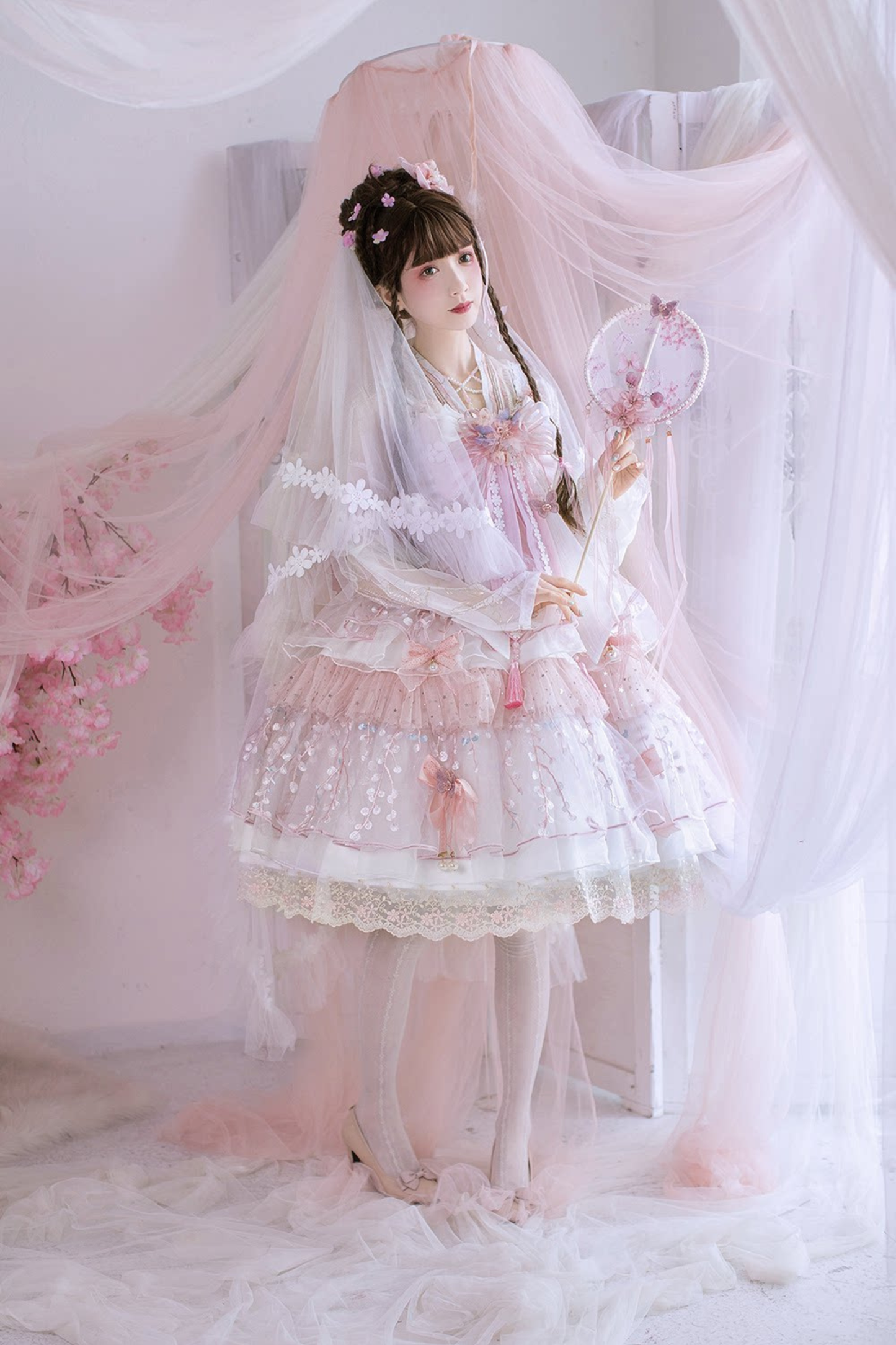 사쿠라 스위트 차이나 로리타 셔츠 + 목걸이 + 리본 + 베일 + 클립