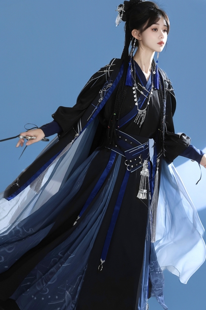 Dark china hooded top + belt + cape + necklace + skirt