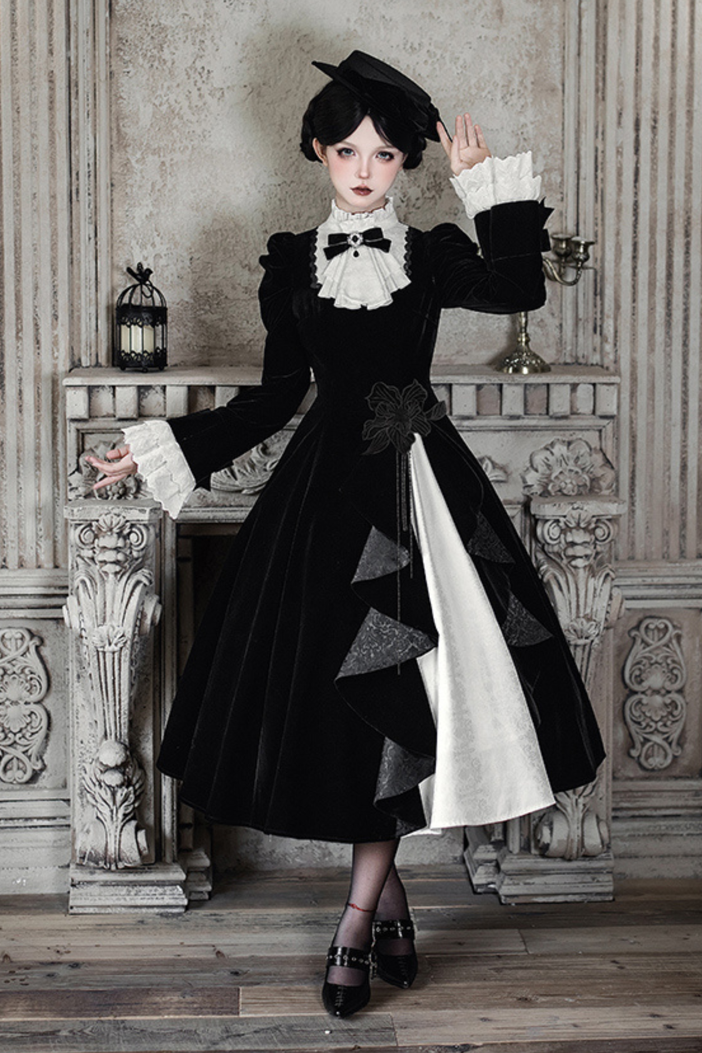 エレガントスリムコントラストカラーツインドレス+カラー+リボン+ブローチ+ハット