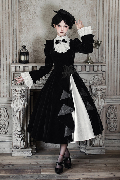 エレガントスリムコントラストカラーツインドレス+カラー+リボン+ブローチ+ハット