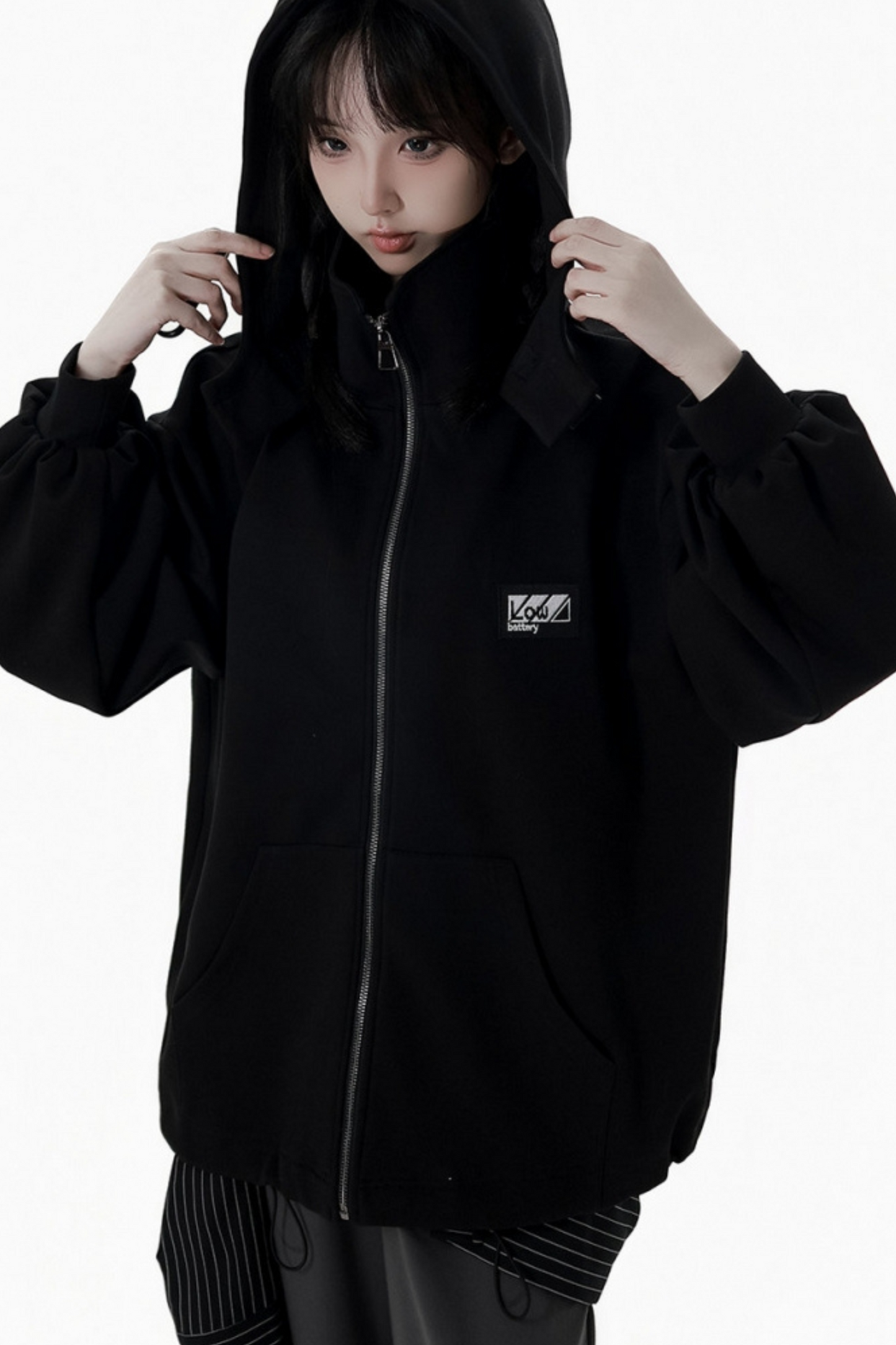 Neutral hooded jacket + coat + top + pants + straps