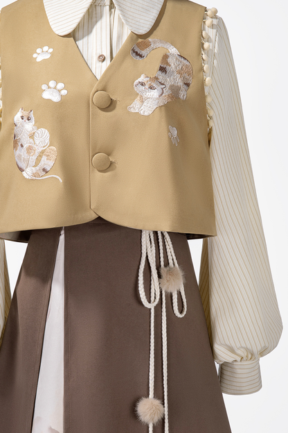 レトロキャットベスト+トップス+スカート