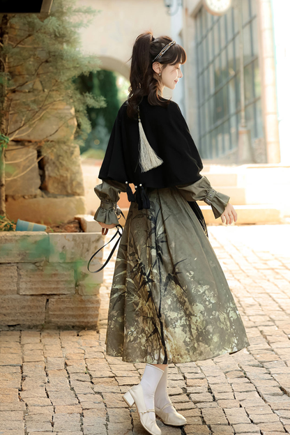 Chic Dark China Print Dress + Shawl