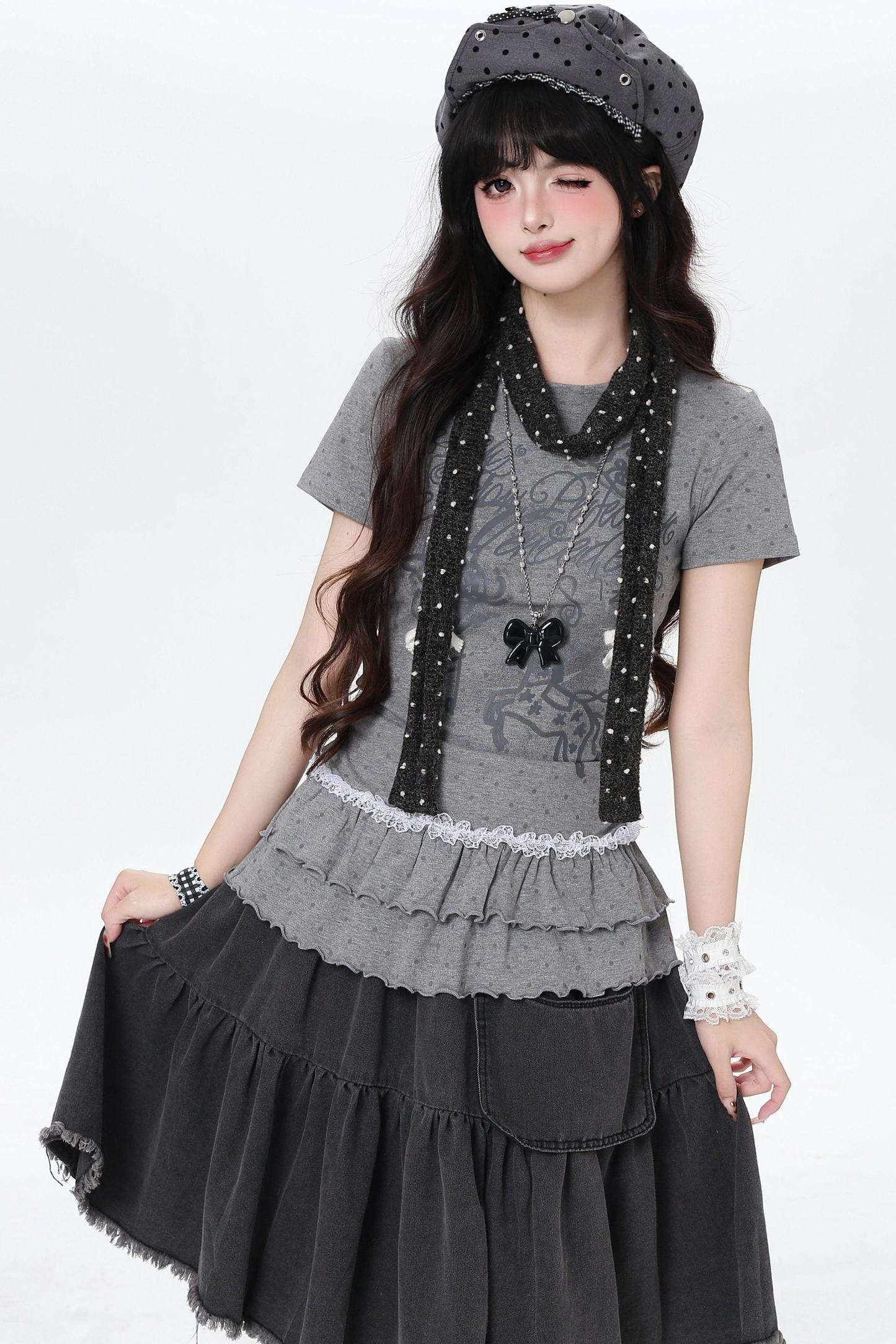 Polka Dot Ruffle Slim-Fit Top