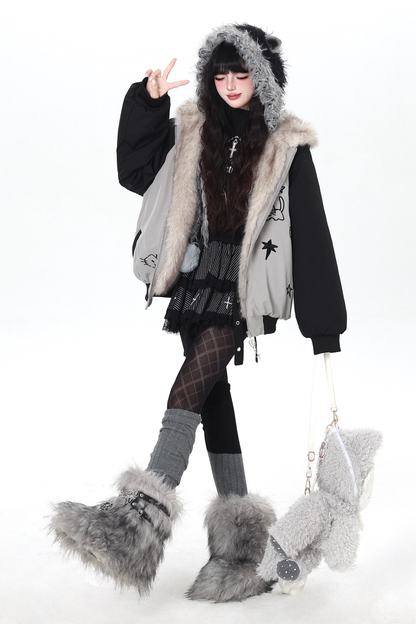 Cat Ear Bicolor Fur Jacket