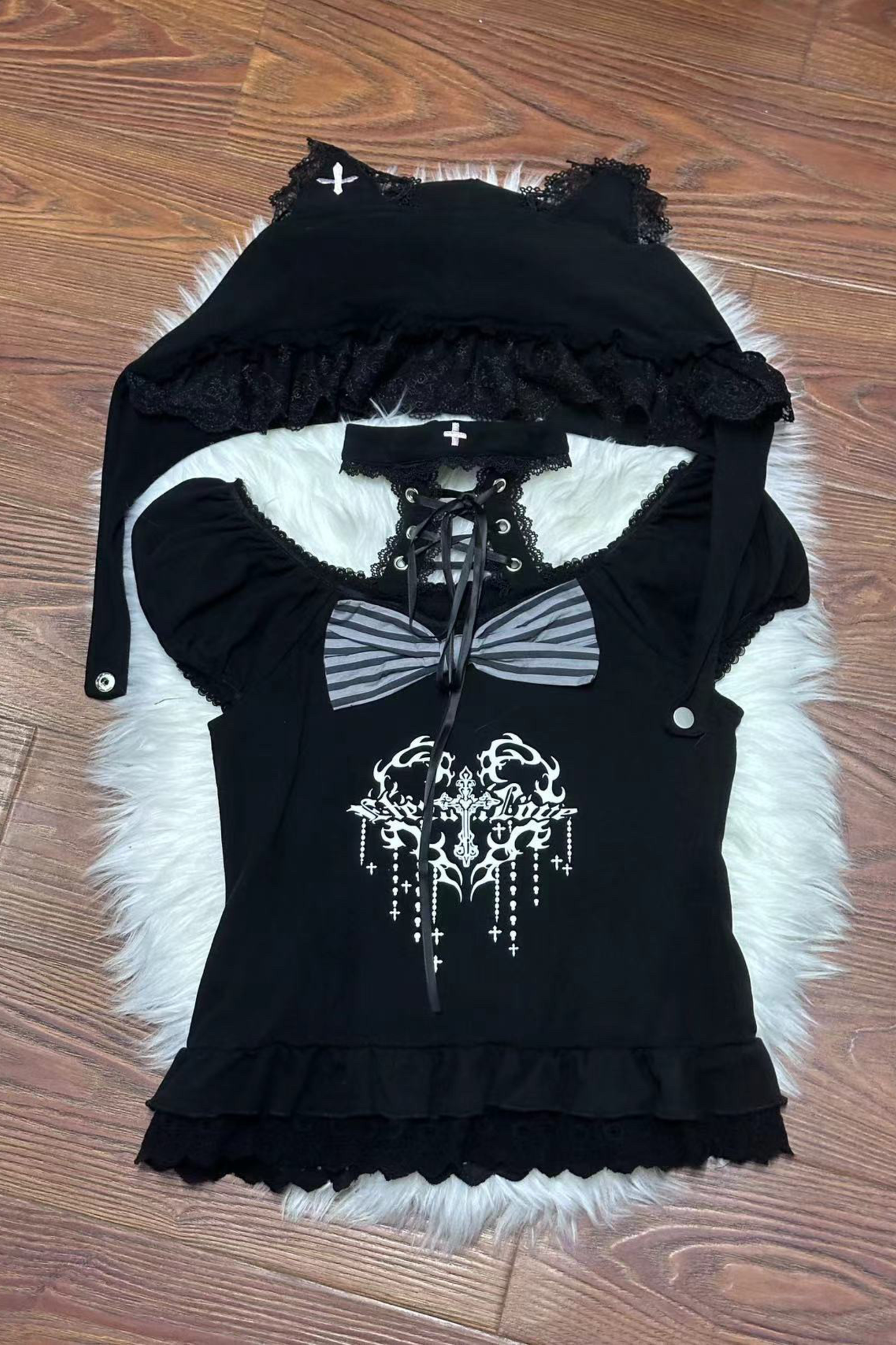 キュートキャットパフスリーブトップス+サスペンダースカート+パンツ+ハット