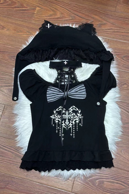 キュートキャットパフスリーブトップス+サスペンダースカート+パンツ+ハット