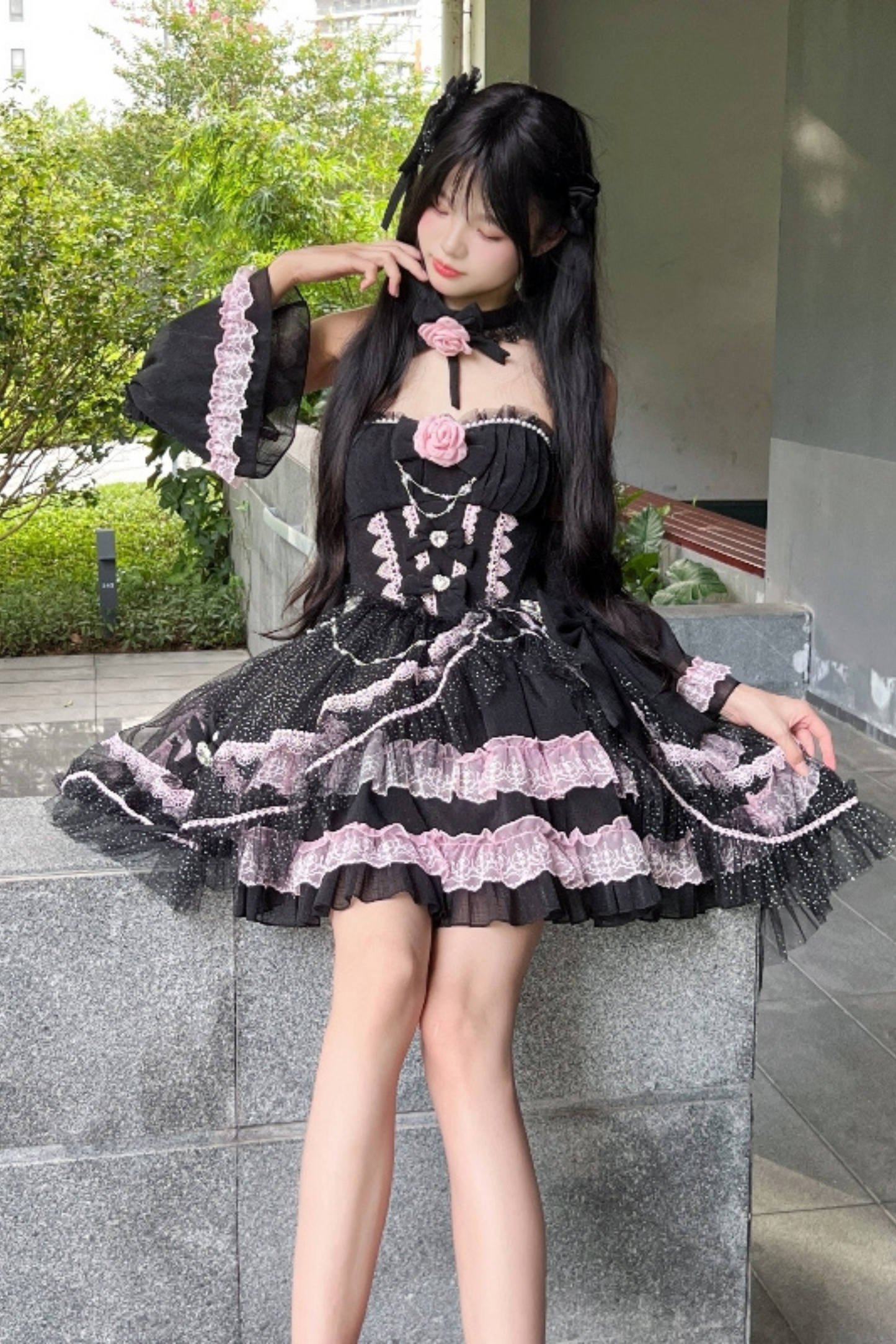 Flower Tube Top Lolita Dress + Sleeve + Head Accessories