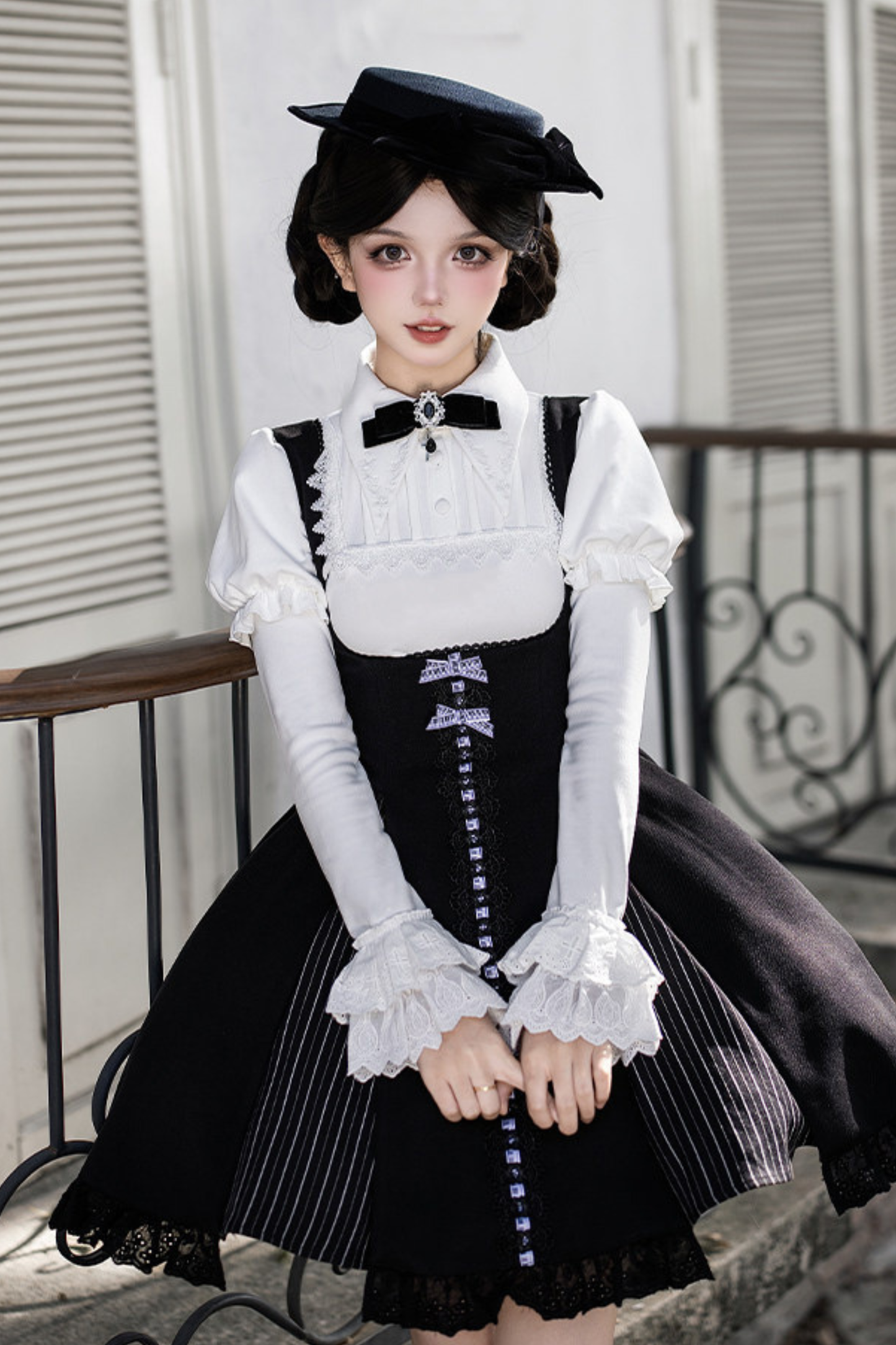 Six Sweet Lolita Flare Jumper Skirt + Top + Hat + Ribbon + Collar