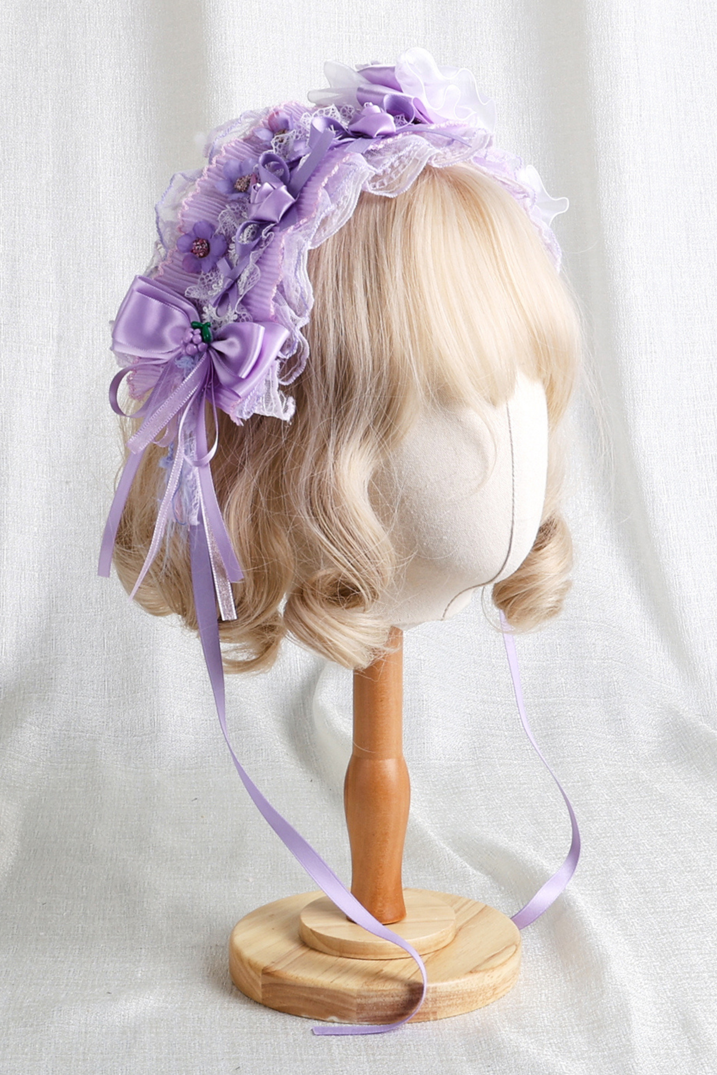 パープルブライダルリボンフラワーボンネット+ハットクリップ+ヘアバンド+リボンクリップ+スリーブ