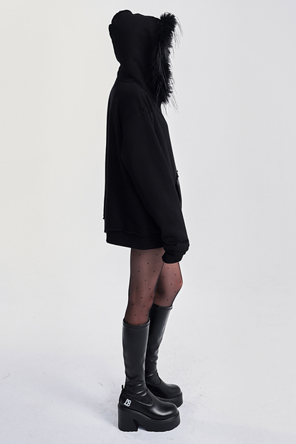 ファーフードモードルーズジップパーカー