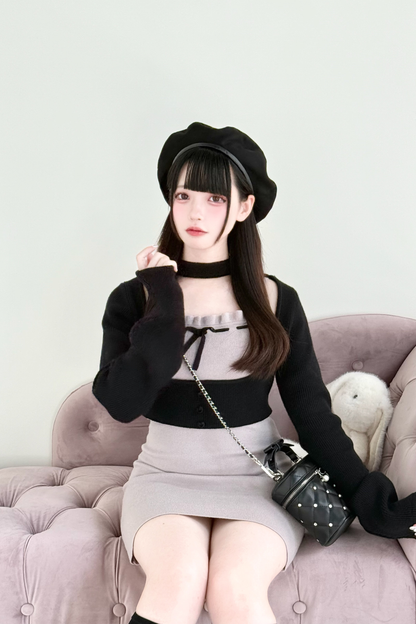 ショートニットカーディガン+タイトドレス