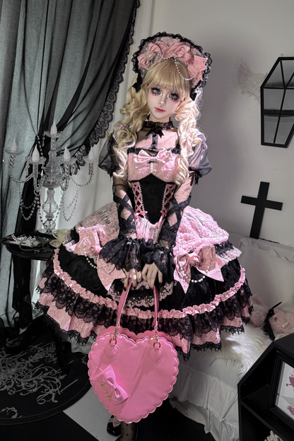 ローズフリルプリンセスジャンパースカート+バッグリボン+ボンネット