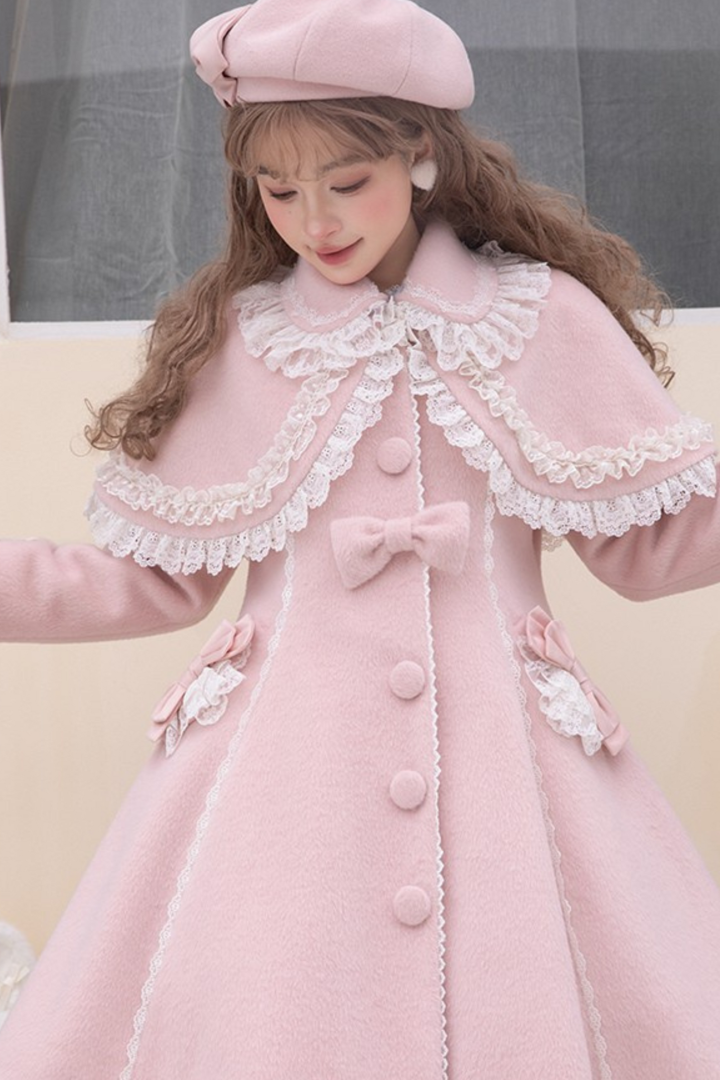 Ribbon Girly Lace Flare Coat + Frilled Cape