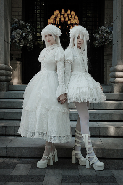 White gothic gemini Lolita dress + corset + ribbon + hair band + veil