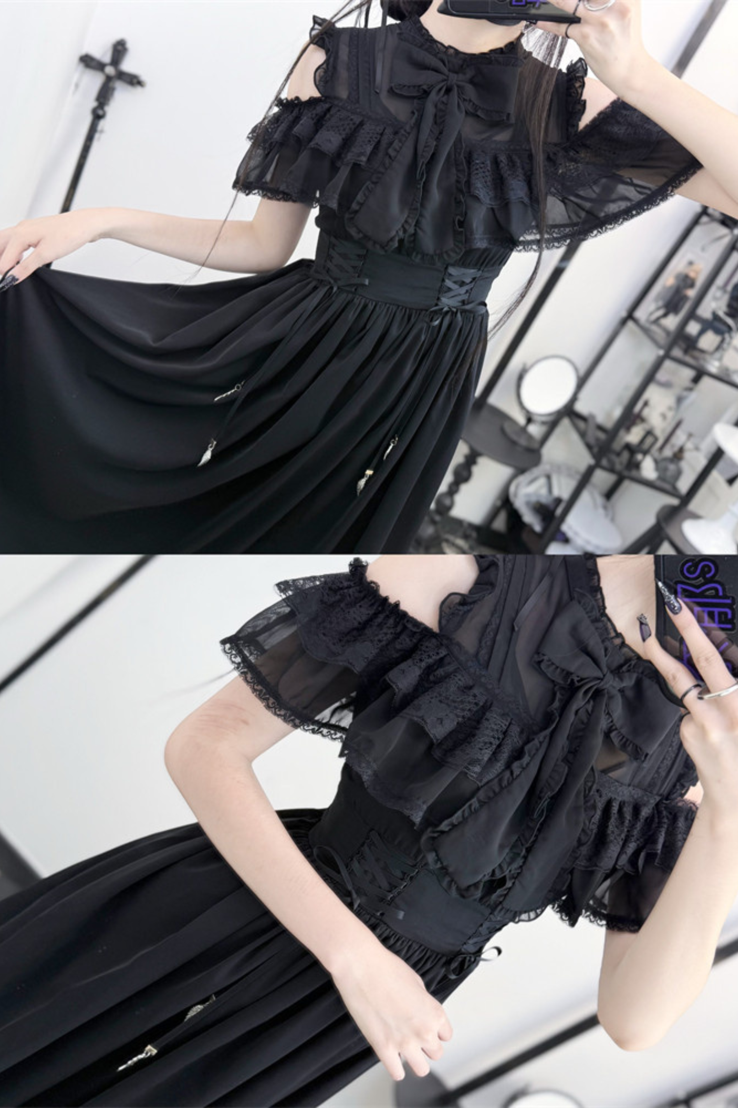 Dark Kawaii Schulterfreies Spitzenkleid