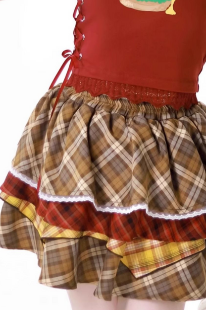 オーバーシャツ＋ノースリーブトップス＋ケーキスカート