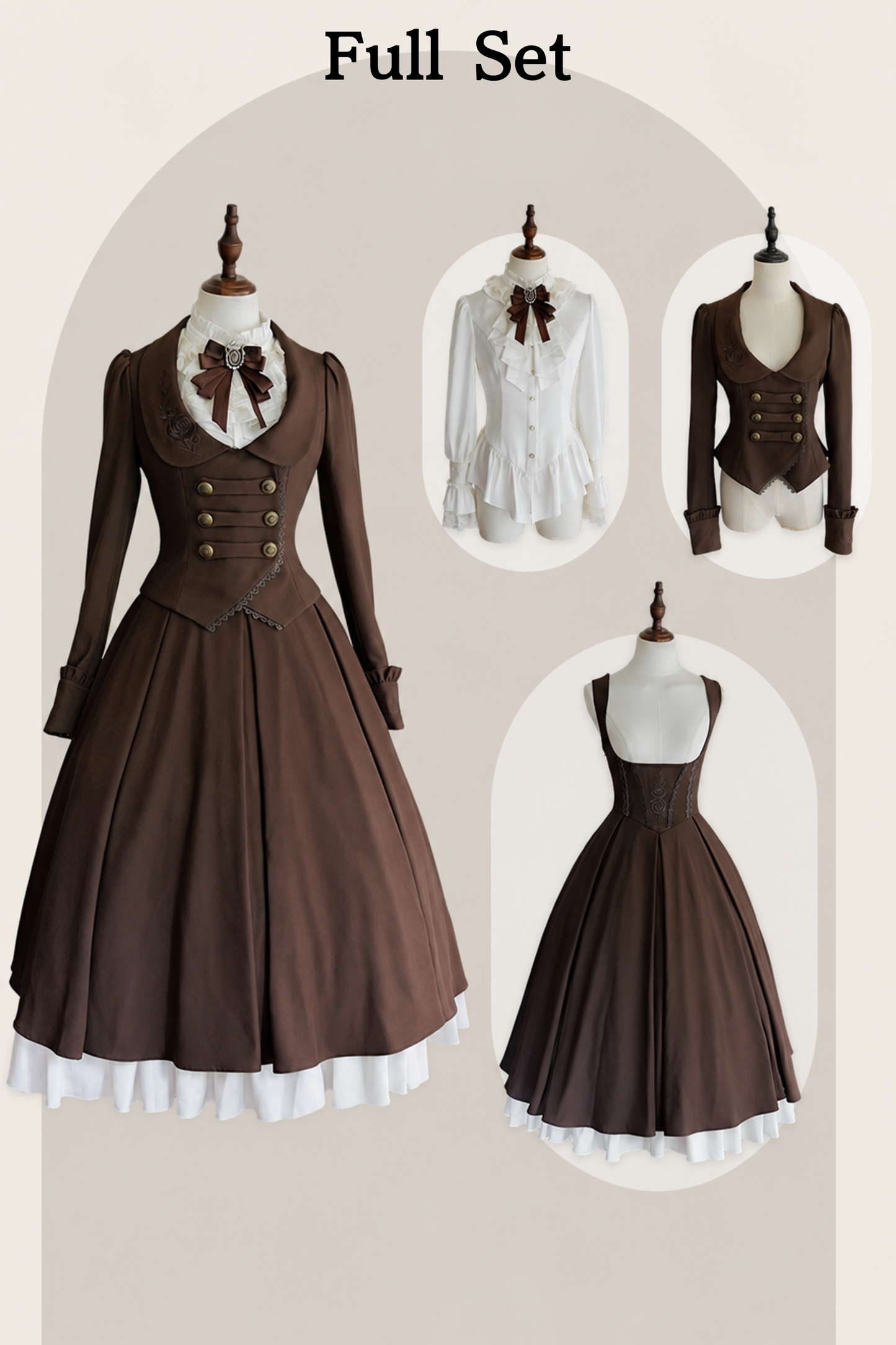 [Vorbestellschluss 919] Klassisch braunes plissiertes Korsett-Bustierkleid mit Rosenstickerei+Rüschenbluse mit Kamee-Schleifen-Spitzenjabot+Jacke mit Spitzenbesatz Set1/2+Komplettset [Kurz/Lang]