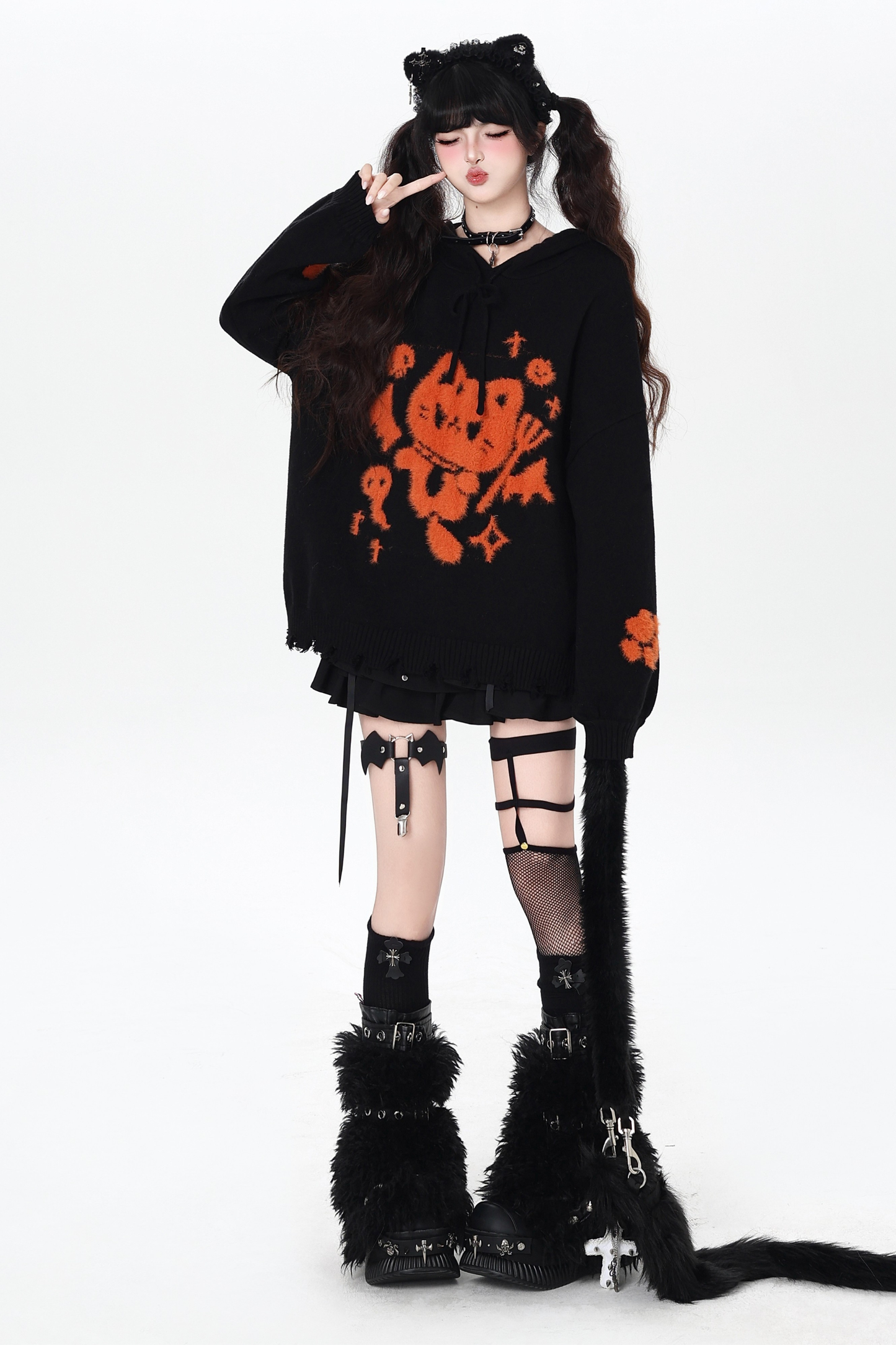 ナイトダークキャットルーズフードニット