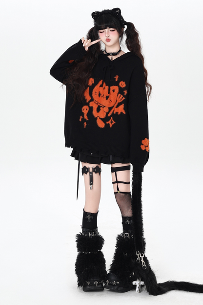 ナイトダークキャットルーズフードニット