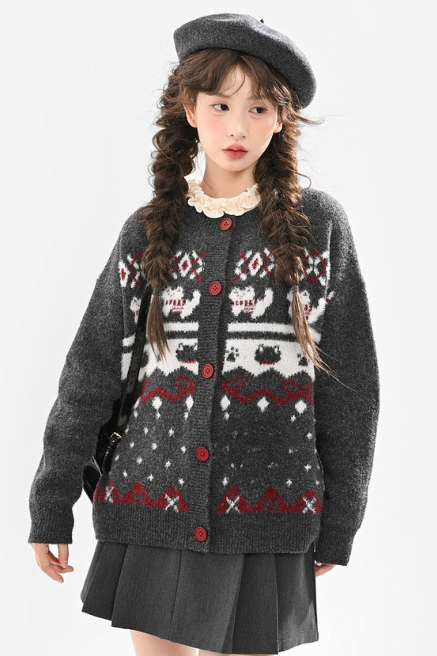 キャットニットセーター+スノーフレークカーディガン