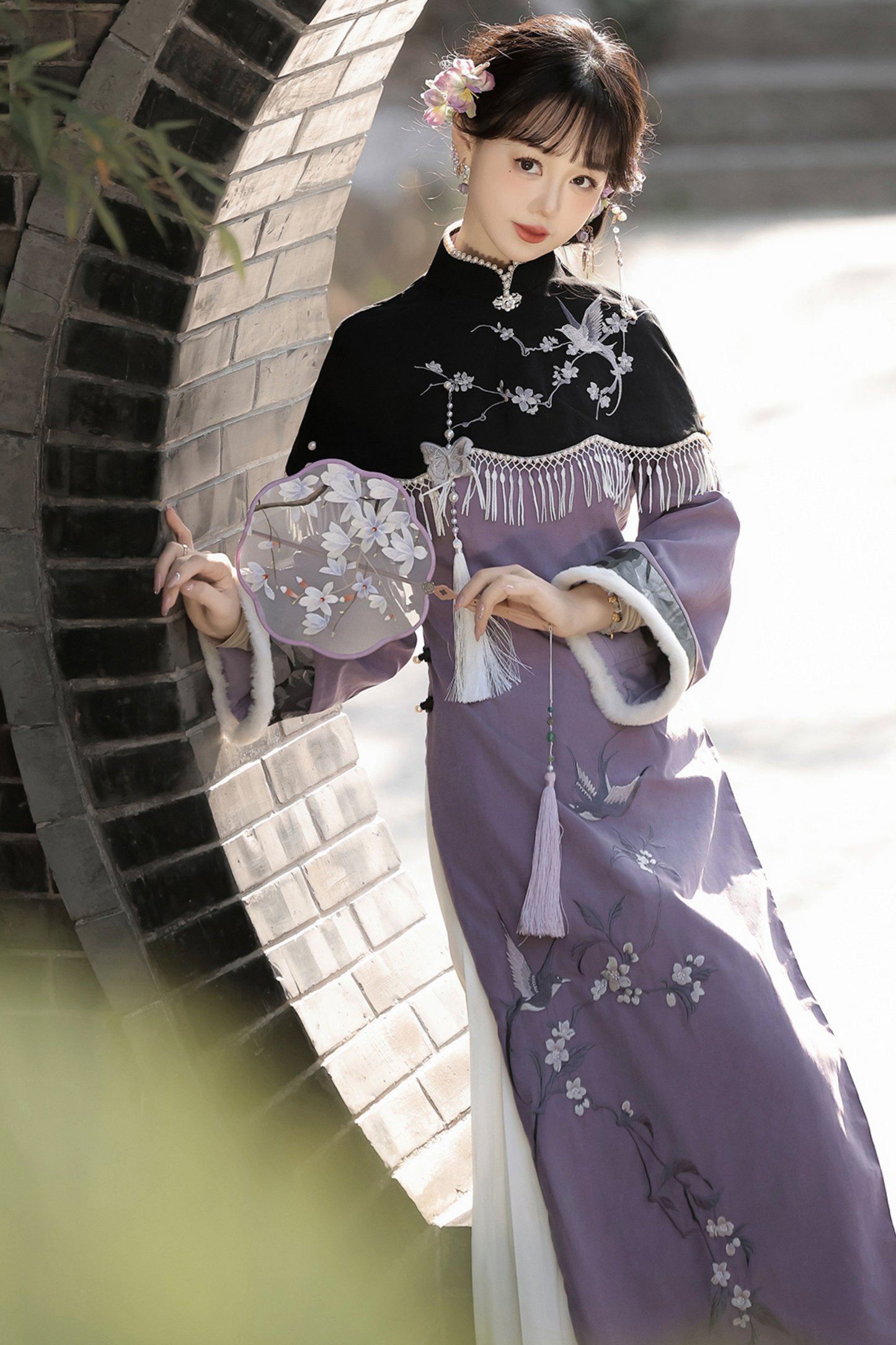 Retro China Dark Long Dress + China Shawl + Skirt