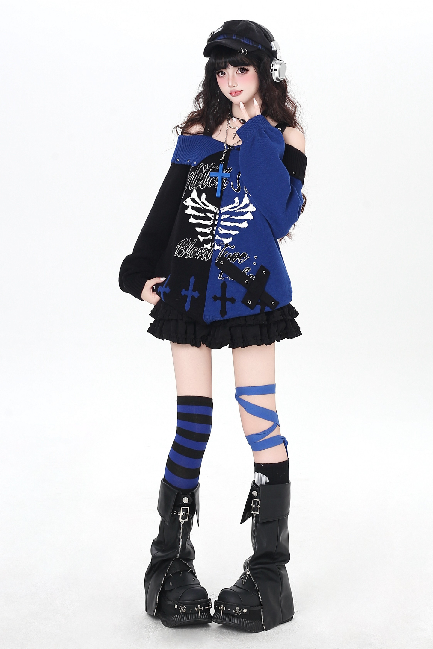 スカルボーンゴシックオフショルダートップス+スカーフ