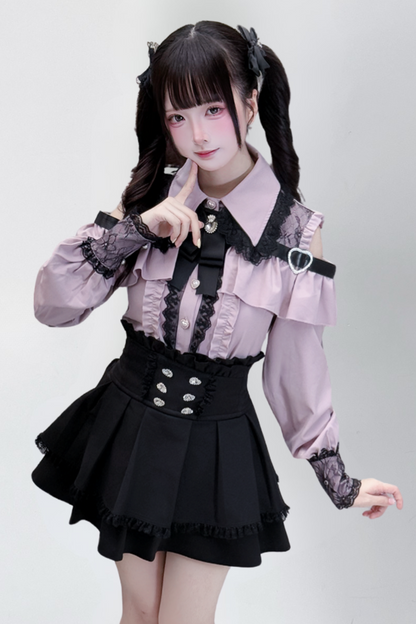 [Deadline for reservations: October 15] Open Shoulder Heart Leather Strap Ruffle Ribbon Shirt