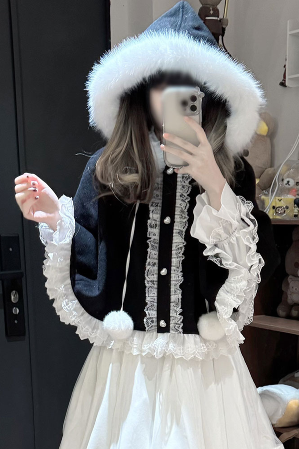 ファーフードマント+トップス+スカート