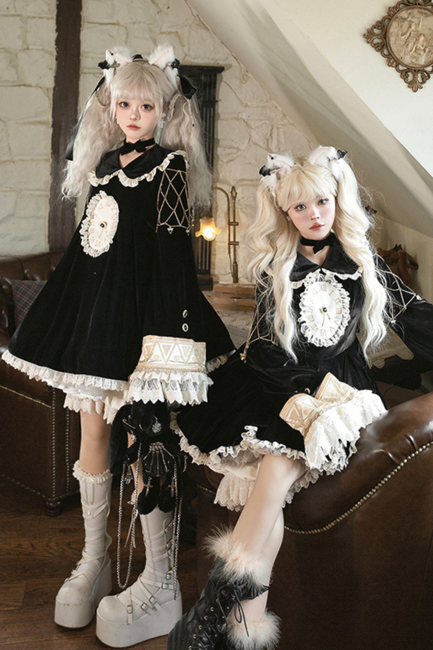 黒猫フリルクロックロリータドレス+パンプキンパンツ