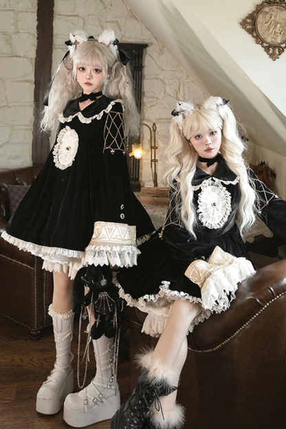 黒猫フリルクロックロリータドレス+パンプキンパンツ