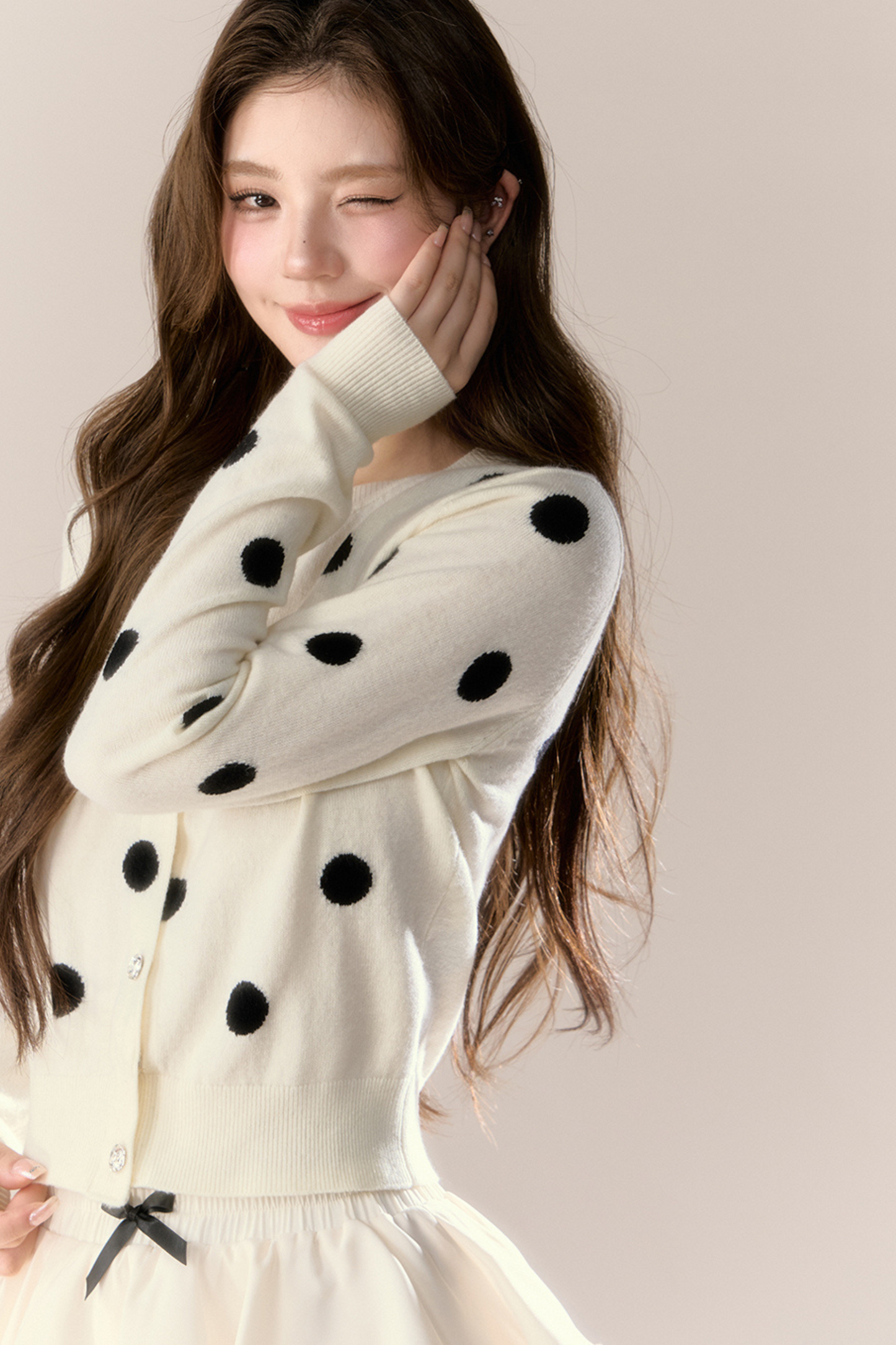 ベルベットドットデザインニットカーディガン