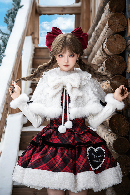 チェックドールジャンパースカート+リボンブローチ+ピン+ラブブローチ+ショール+トップス+レッグカバー