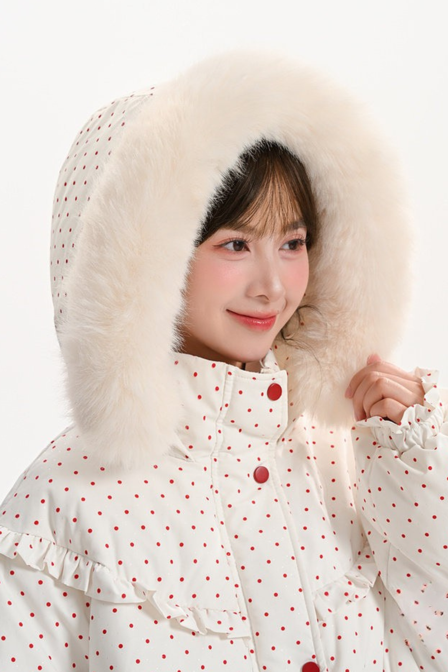 レッドドットリボンフードダウンジャケット