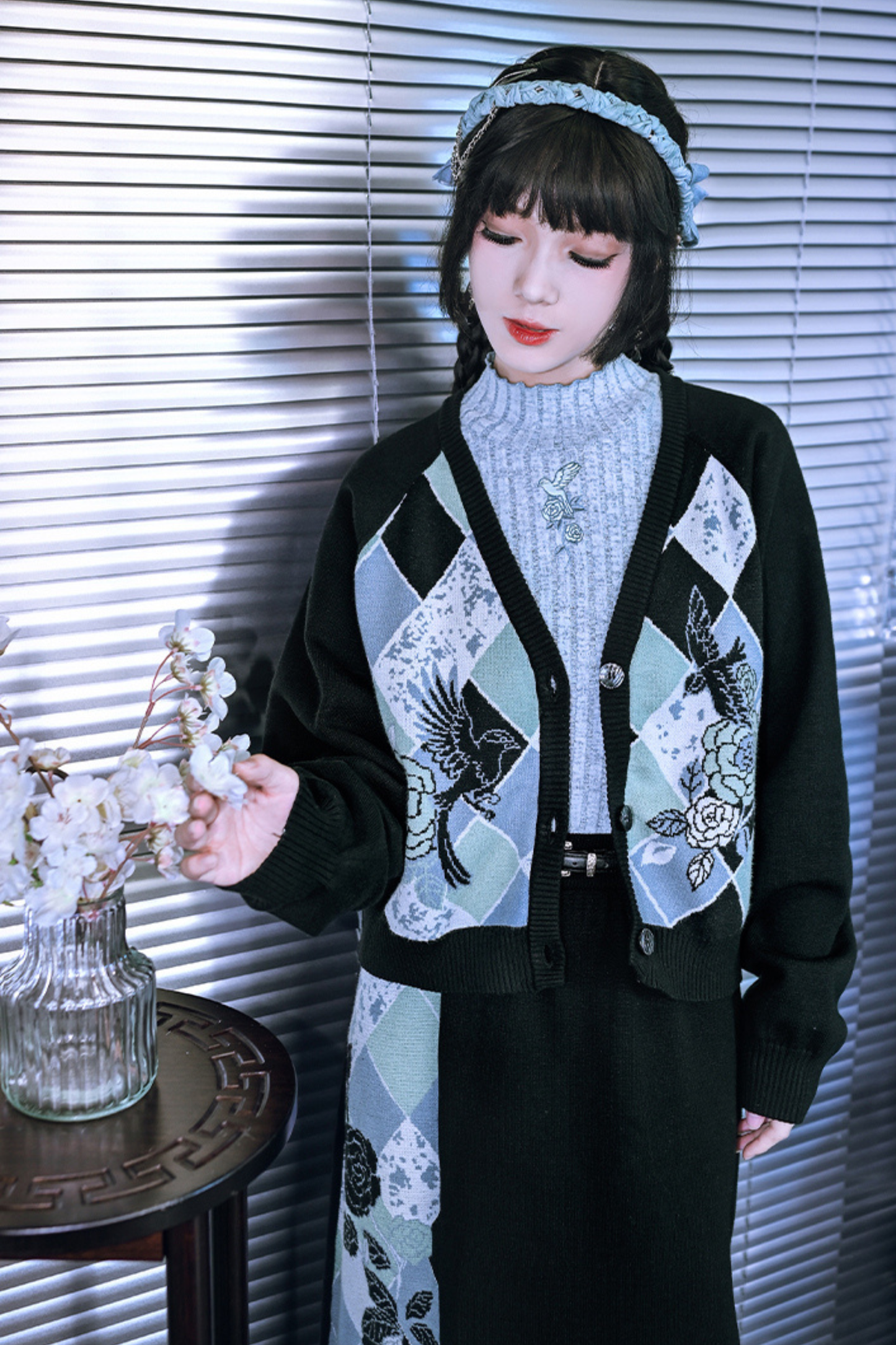 Argyle Flower Cardigan + Asymmetrical Skirt