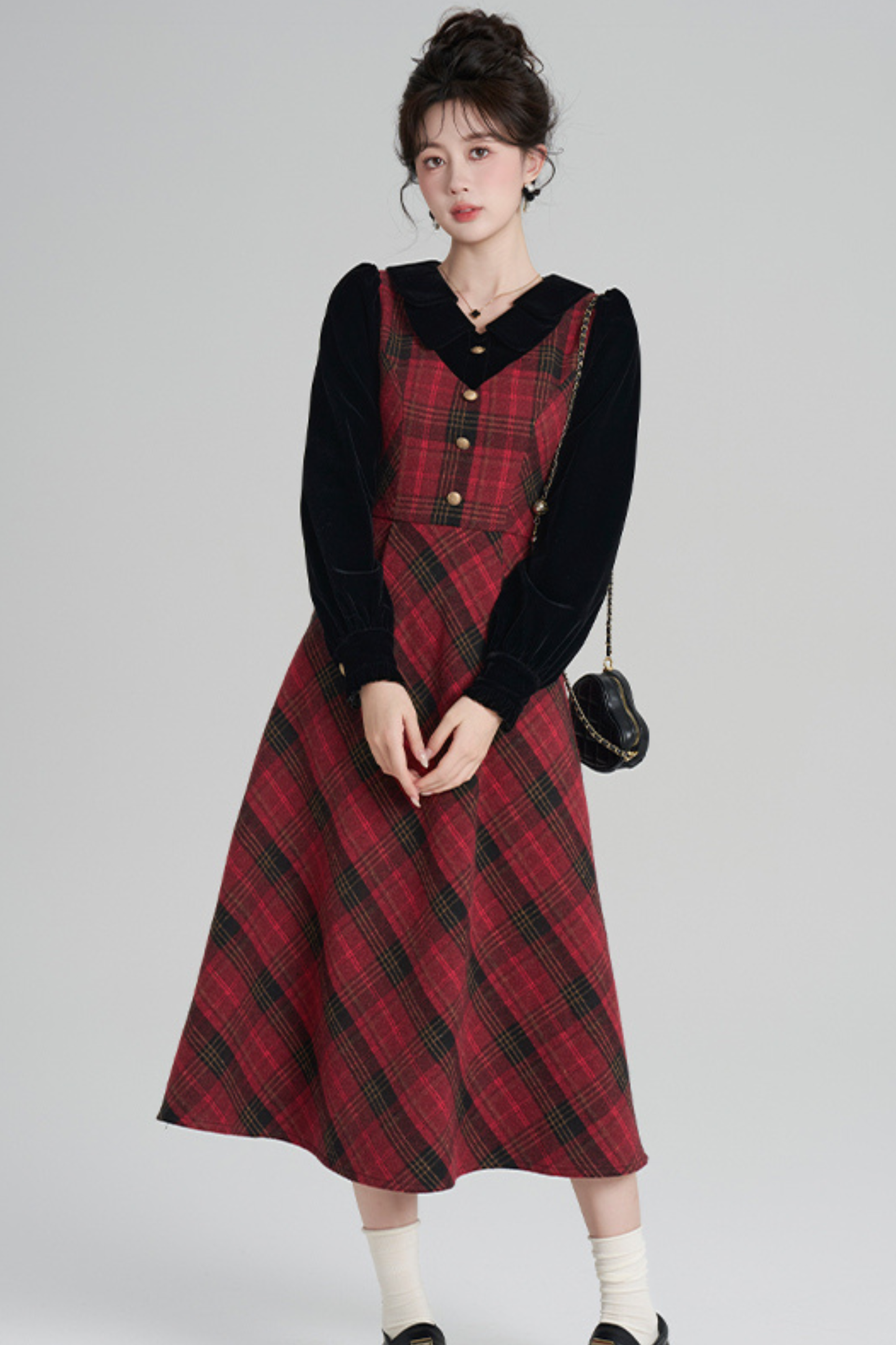 レッドレトロチェックツイードドレス
